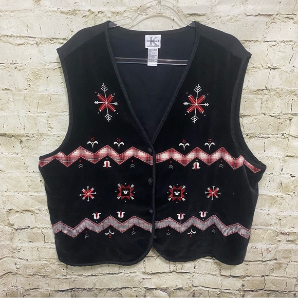 Koret Stephanie Black Velvet Embroidered Christmas Snowflake Plaid Vest - Picture 1 of 4